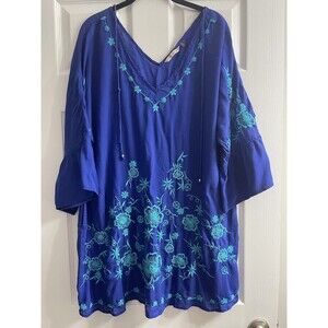 Soft Surroundings S/M Embroidered Tunic Top Blue Teal Boho with Beaded Strings